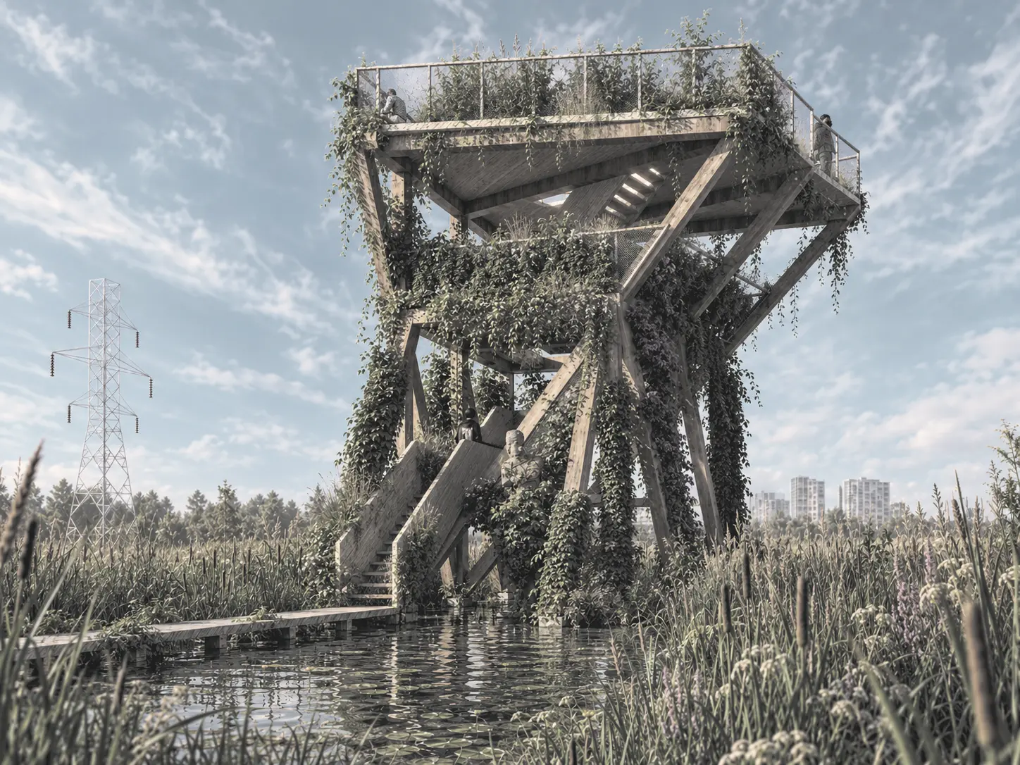 Overgrown timber observation tower standing in the Weerwater landscape