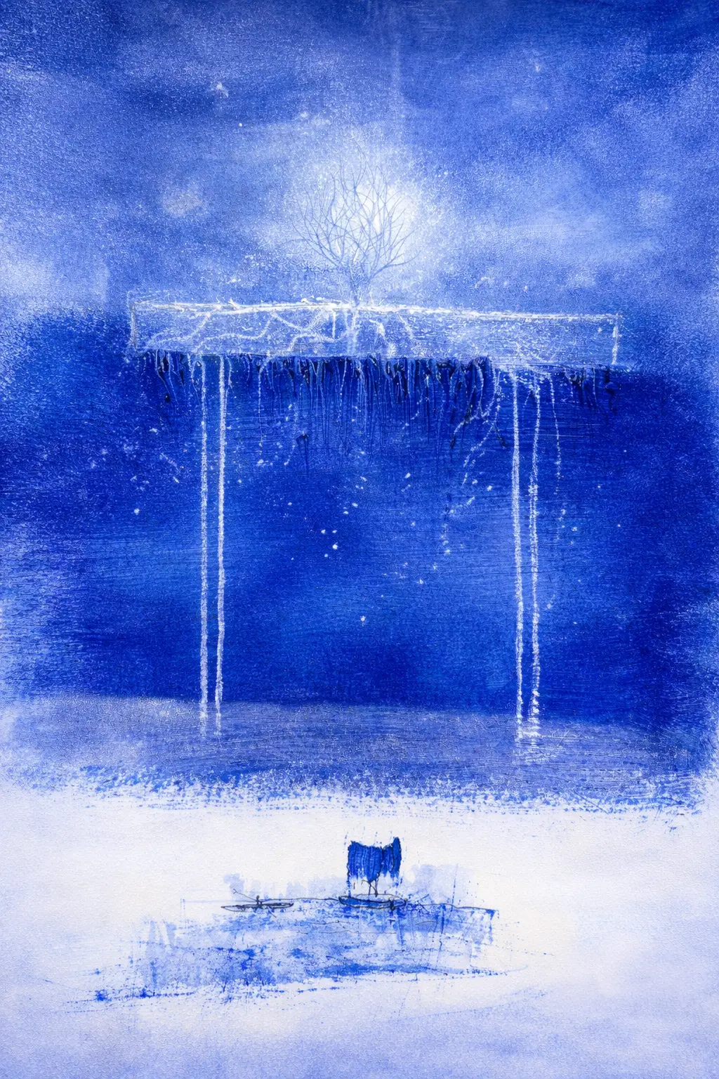 Blue architectural study of an elevated planted structure titled Nest